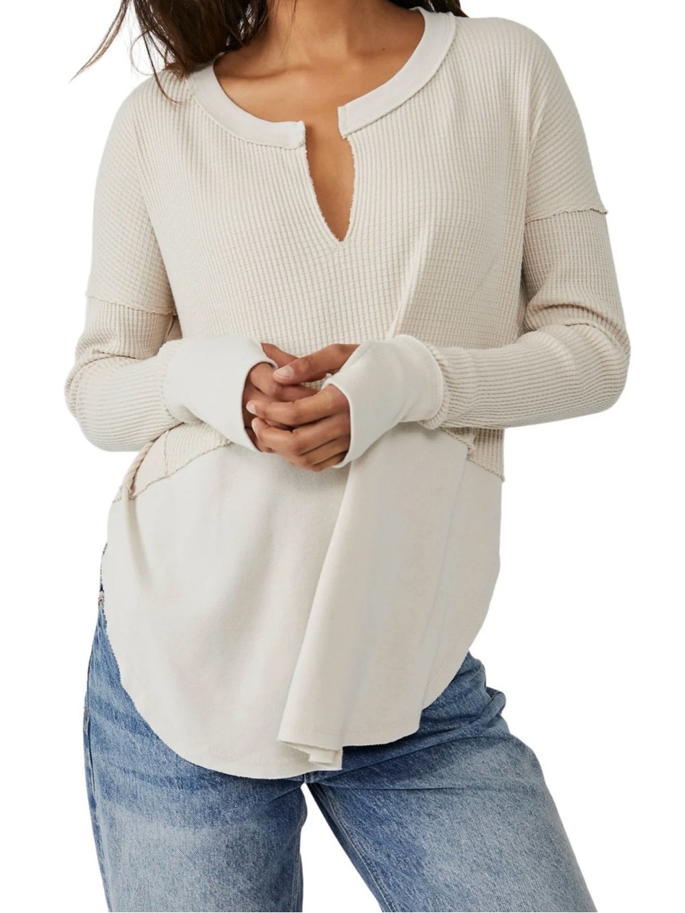 Altar’d State Waffle Thermal Knit Layered Oversize Long Sleeve Top Size S Cream